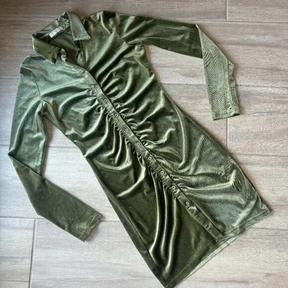 Mulla Olive Green Velour Button-Up Collared Dress – Women’s Medium - Picture 1 of 9